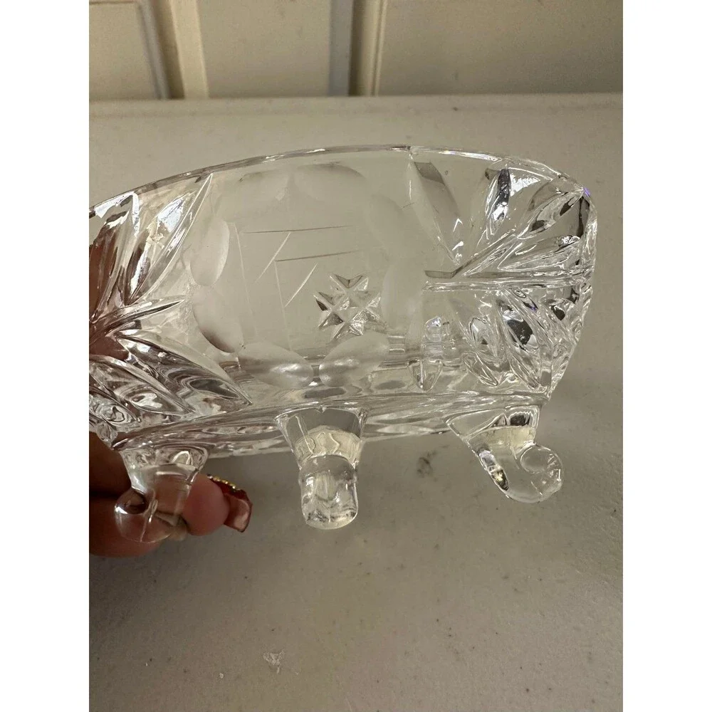 Vintage American Cut Leaf Pattern Footed Hungarian Glass Crystal Trinket Dish
